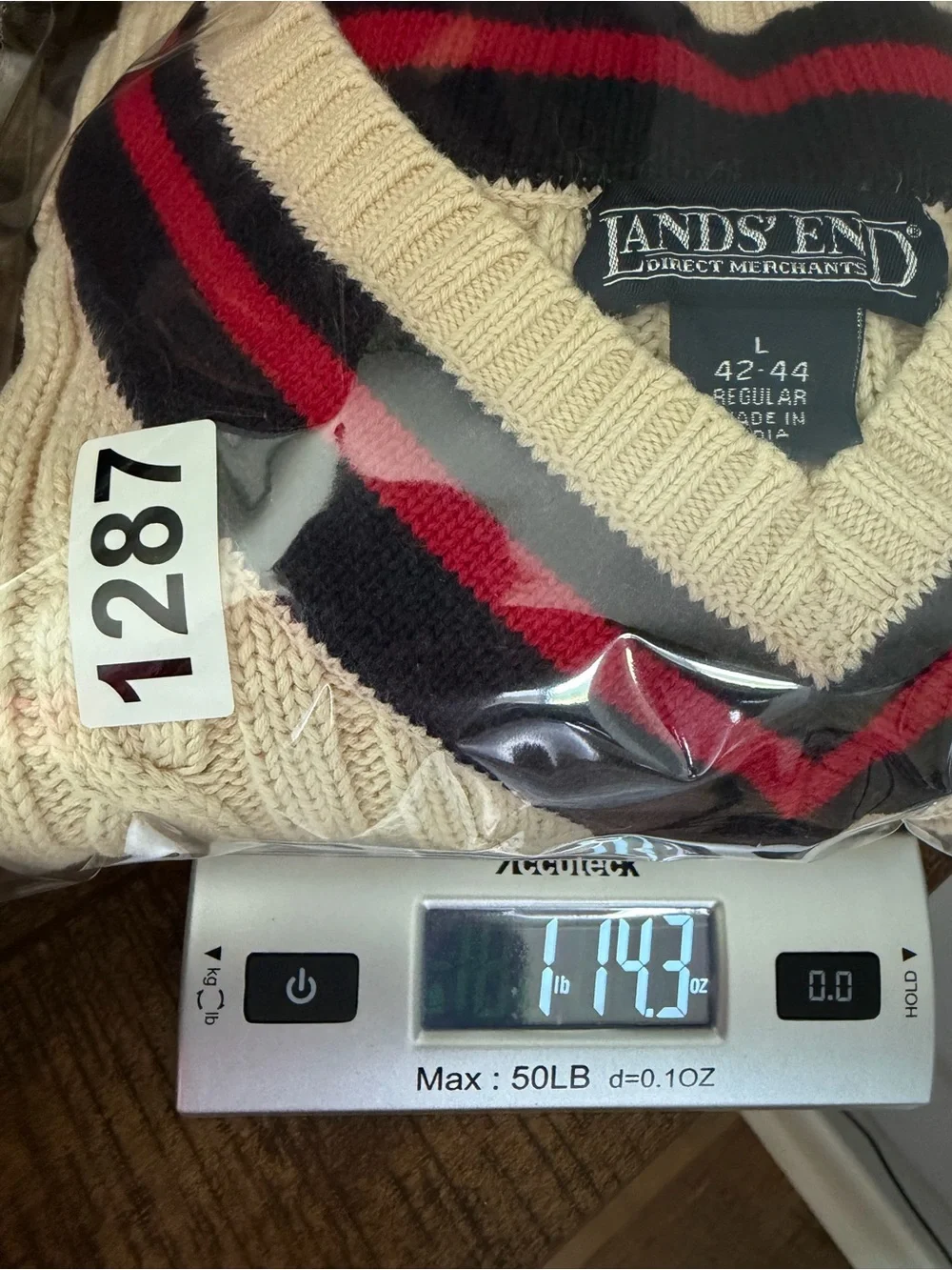 Vtg LANDS END Cable Knit Sweater Men’s L 42-44 V-Neck Preppy Academia Striped